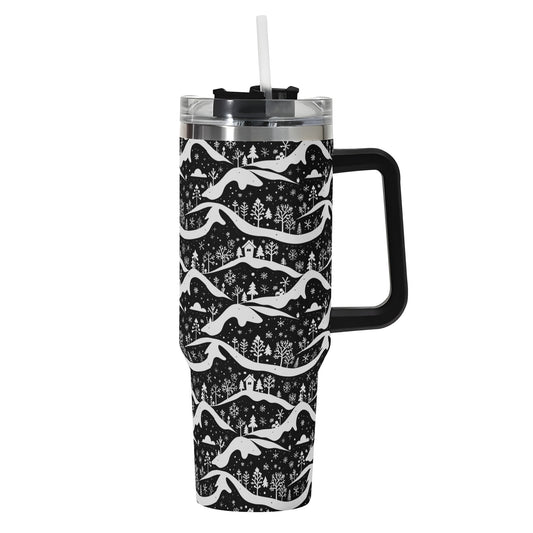 Winter Town 40oz Stainless Steel Tumbler Gift With Black Handle and Straw