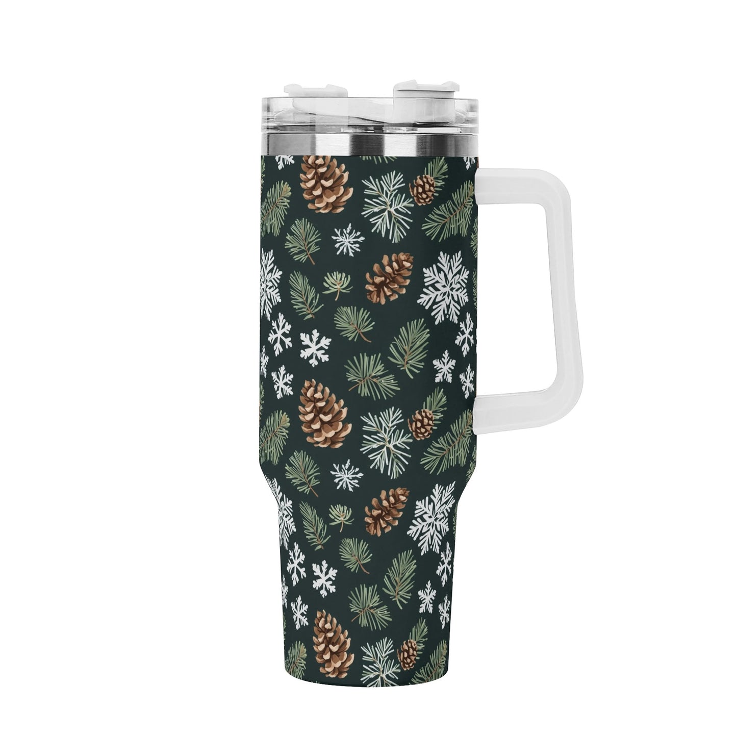 Snowflake Pine 40oz Stainless Steel Tumbler Gift With White Handle and Straw