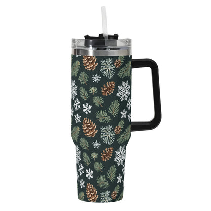 Snowflake Pine 40oz Stainless Steel Tumbler Gift With Black Handle and Straw