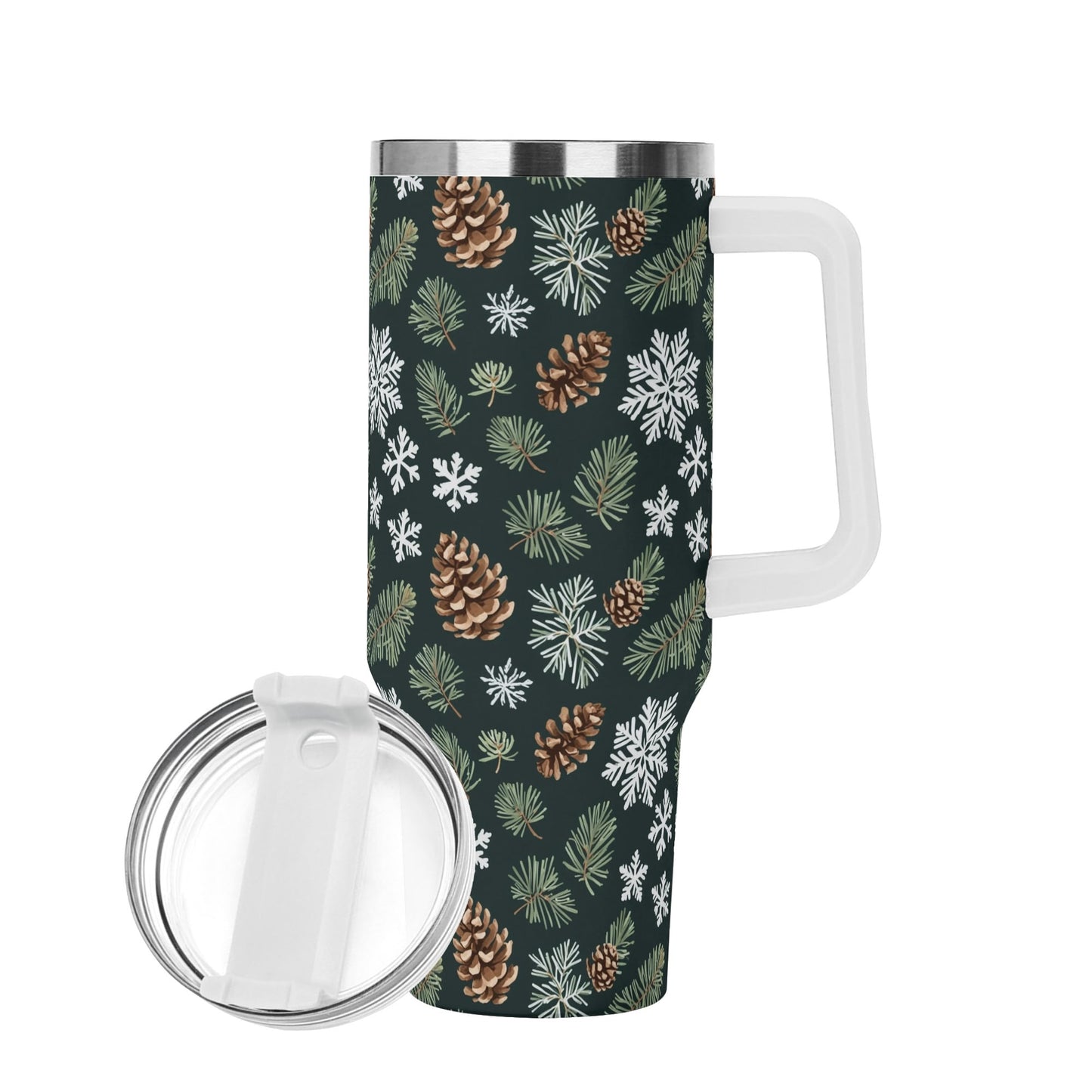 Snowflake Pine 40oz Stainless Steel Tumbler Gift With White Handle and Straw