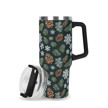 Snowflake Pine 40oz Stainless Steel Tumbler Gift With Black Handle and Straw