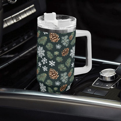 Snowflake Pine 40oz Stainless Steel Tumbler Gift With White Handle and Straw