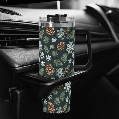 Snowflake Pine 40oz Stainless Steel Tumbler Gift With Black Handle and Straw