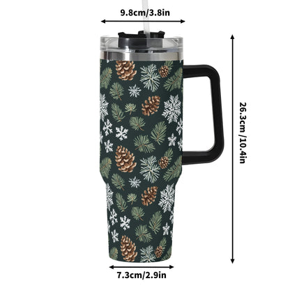 Snowflake Pine 40oz Stainless Steel Tumbler Gift With Black Handle and Straw