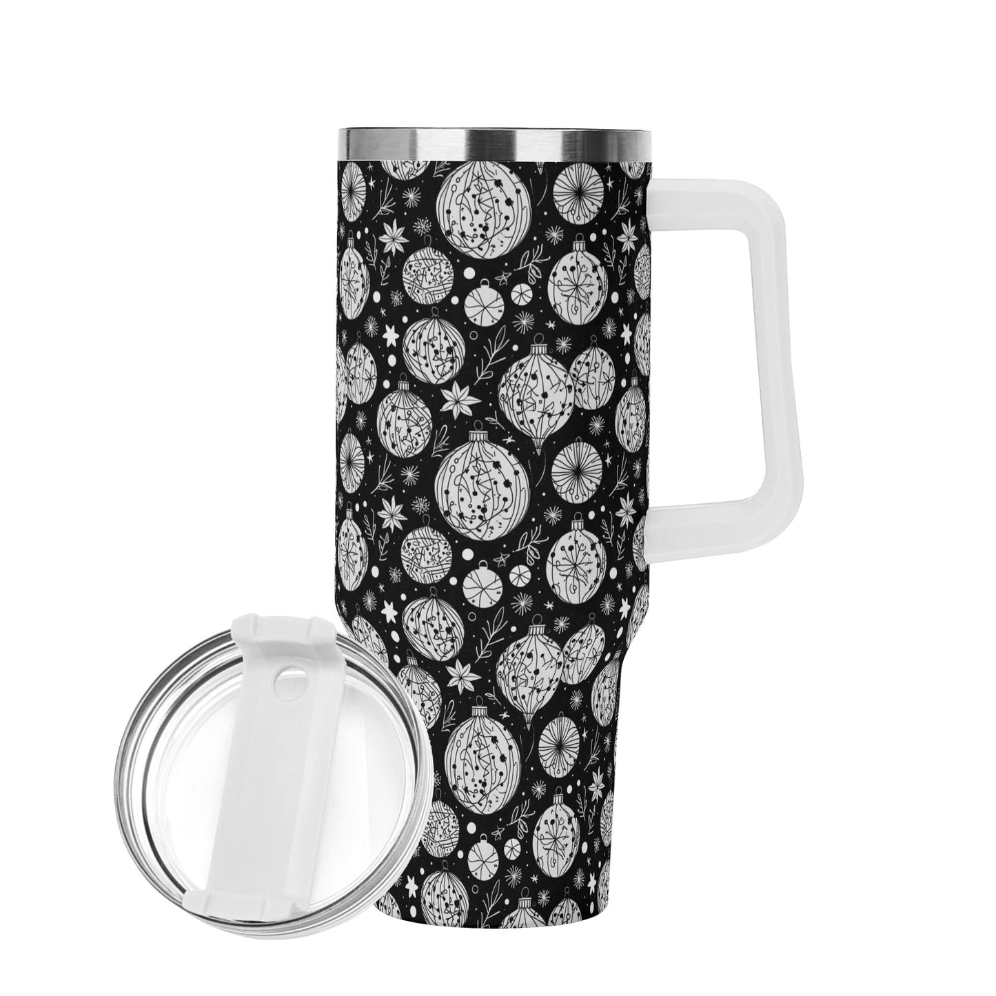 Black and White Ornament 40oz Stainless Steel Tumbler Gift With White Handle and Straw