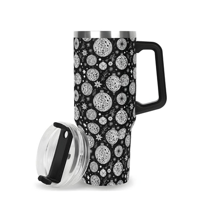 Black and White Ornament 40oz Stainless Steel Tumbler Gift With Black Handle and Straw