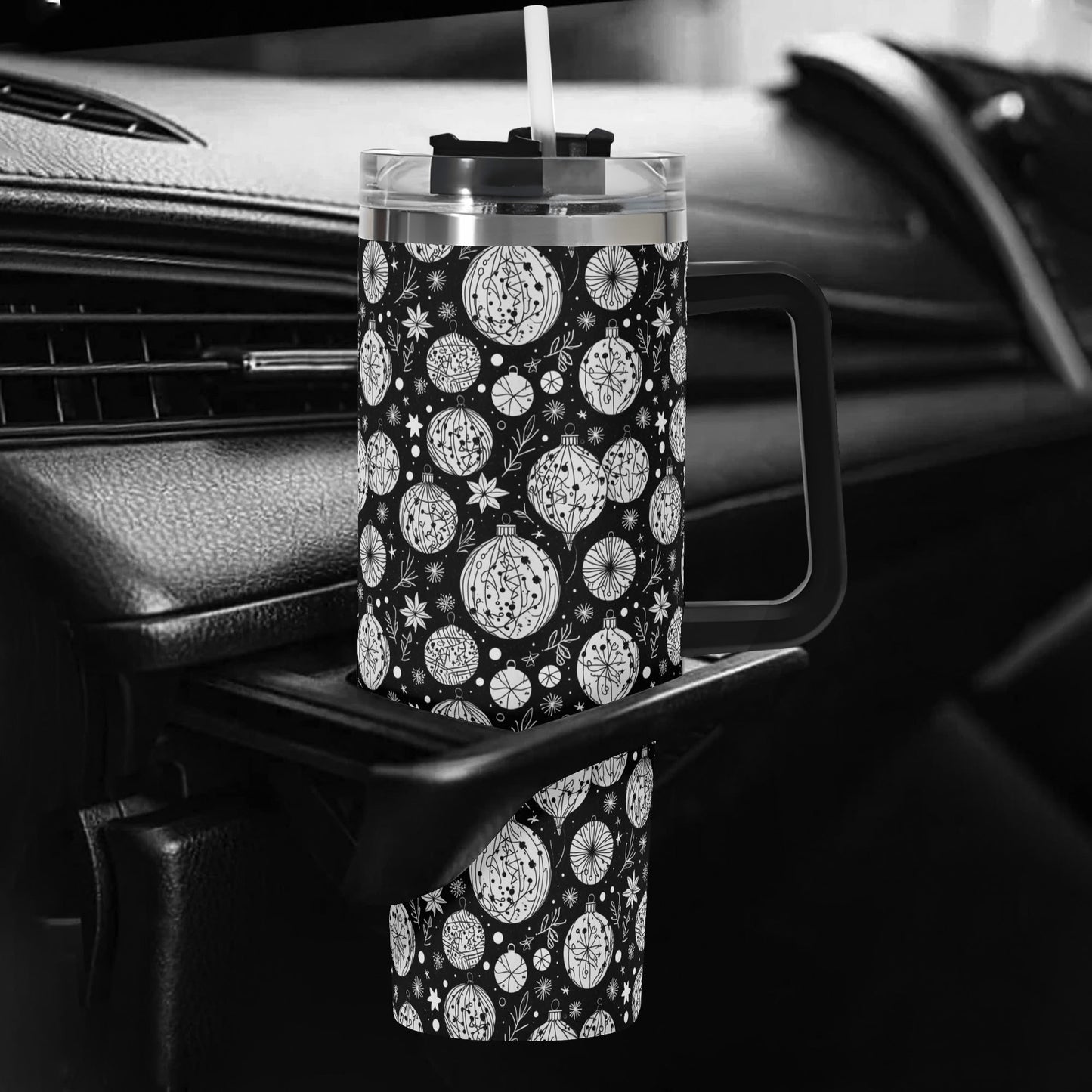 Black and White Ornament 40oz Stainless Steel Tumbler Gift With Black Handle and Straw