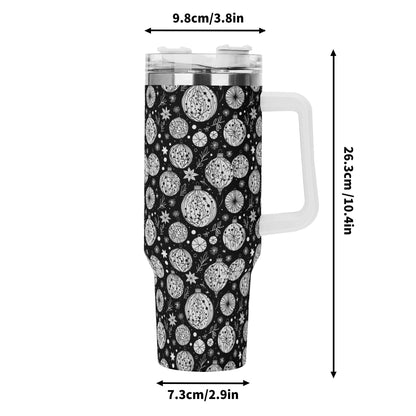 Black and White Ornament 40oz Stainless Steel Tumbler Gift With White Handle and Straw