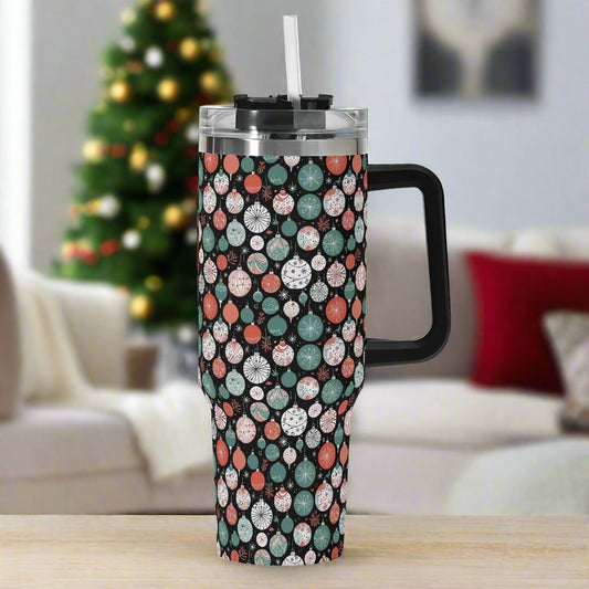 Colorful Ornament 40oz Stainless Steel Tumbler Gift With Black Handle and Straw