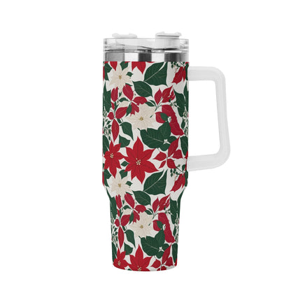 Red and White Poinsettia Flower 40oz Stainless Steel Tumbler Gift With White Handle and Straw