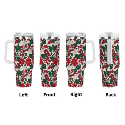 Red and White Poinsettia Flower 40oz Stainless Steel Tumbler Gift With White Handle and Straw