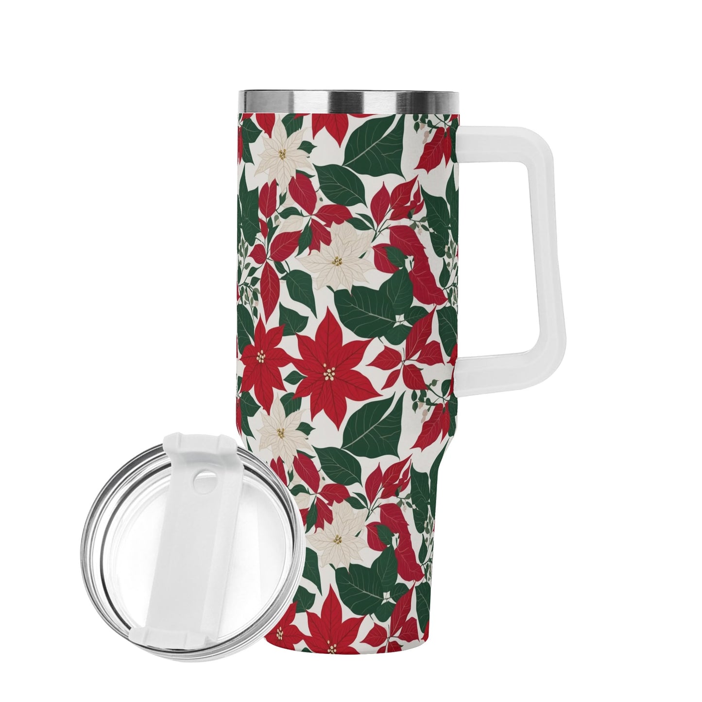 Red and White Poinsettia Flower 40oz Stainless Steel Tumbler Gift With White Handle and Straw