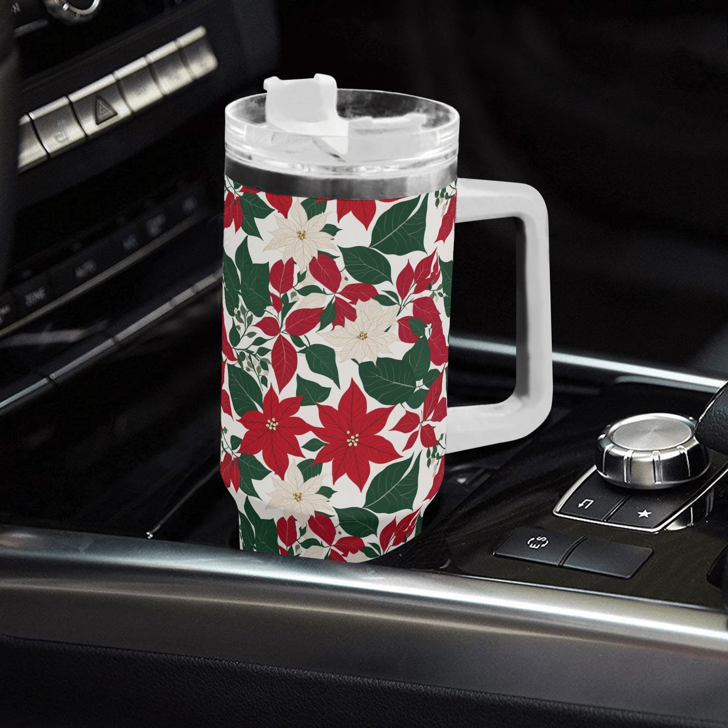 Red and White Poinsettia Flower 40oz Stainless Steel Tumbler Gift With White Handle and Straw