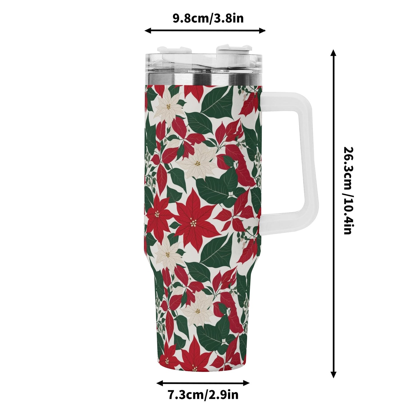 Red and White Poinsettia Flower 40oz Stainless Steel Tumbler Gift With White Handle and Straw