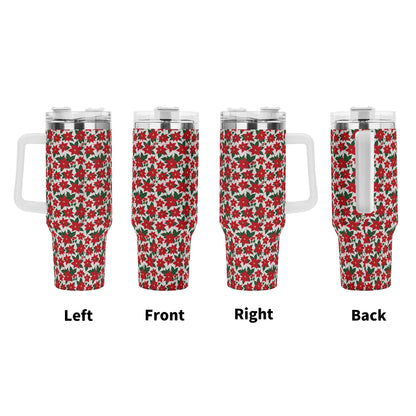 Poinsettia Floral 40oz Stainless Steel Tumbler Gift With White Handle and Straw