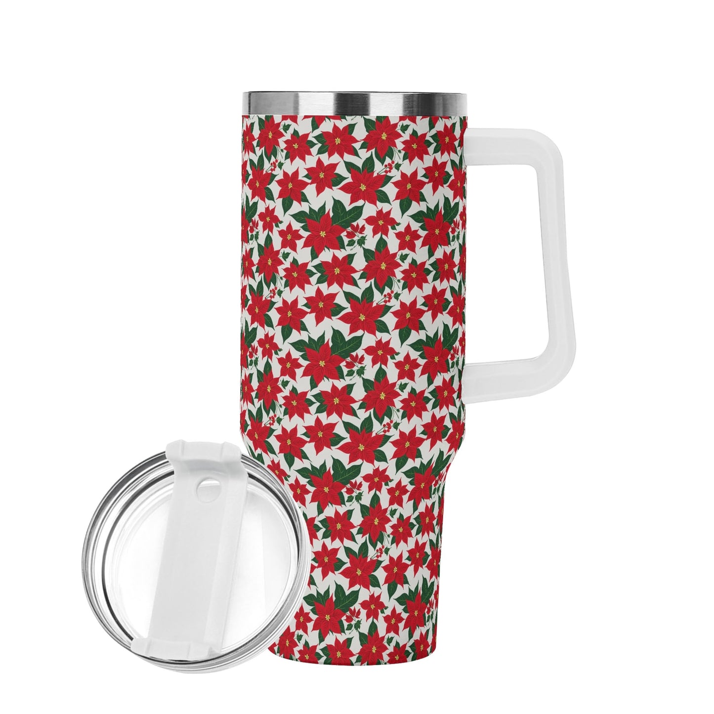 Poinsettia Floral 40oz Stainless Steel Tumbler Gift With White Handle and Straw