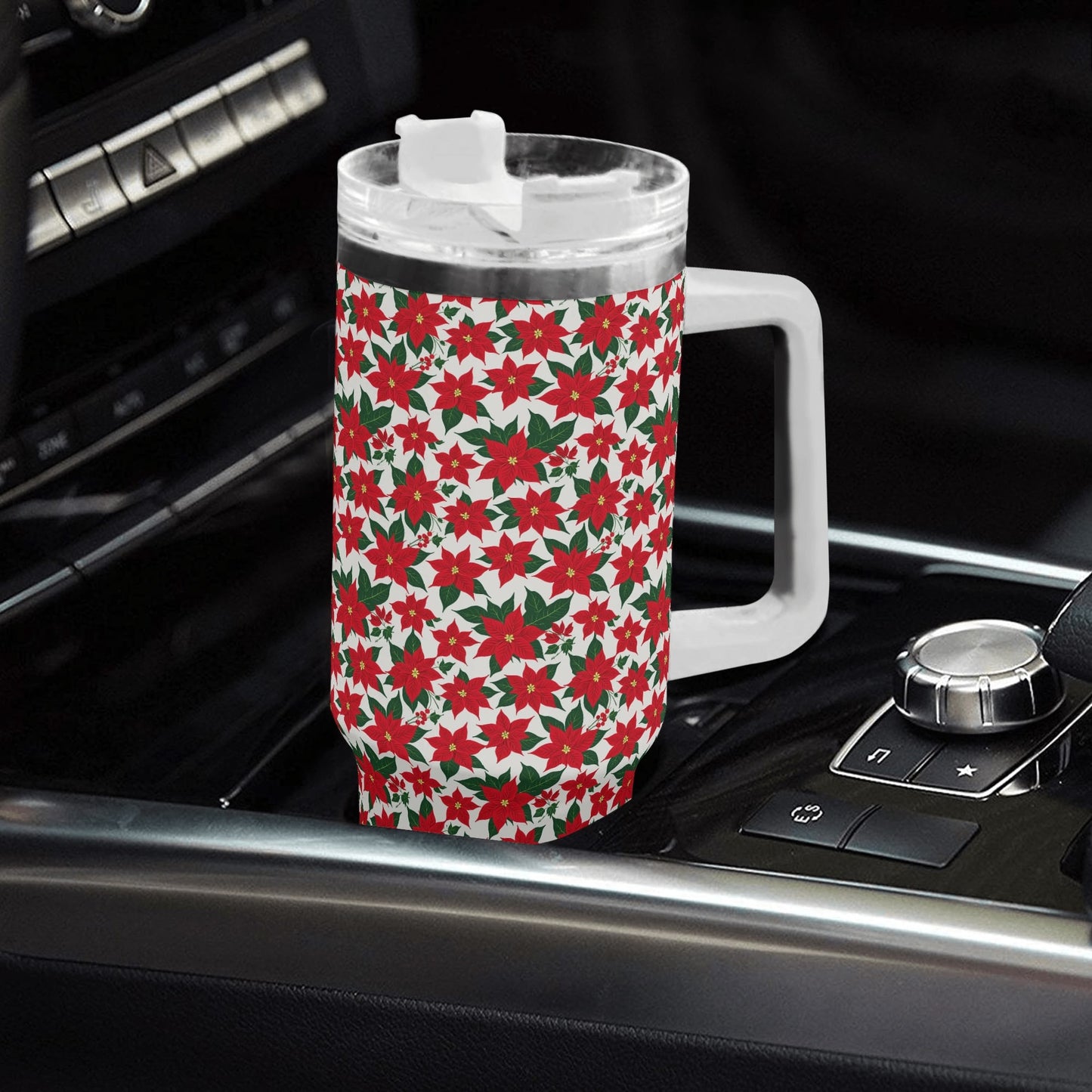 Poinsettia Floral 40oz Stainless Steel Tumbler Gift With White Handle and Straw