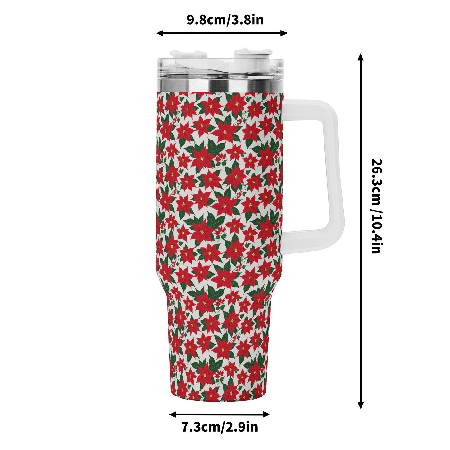 Poinsettia Floral 40oz Stainless Steel Tumbler Gift With White Handle and Straw