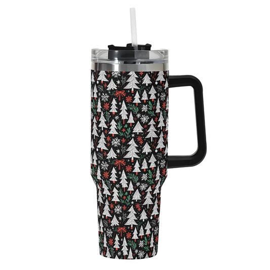 Christmas Tree 40oz Stainless Steel Tumbler Gift With Black Handle and Straw