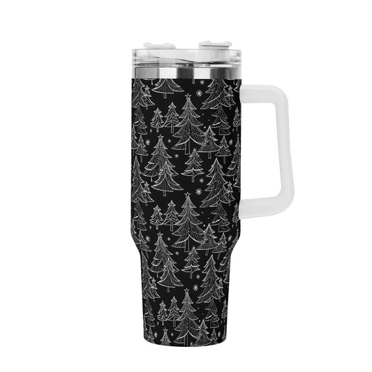 Black and White Christmas Tree 40oz Stainless Steel Tumbler Gift With White Handle and Straw