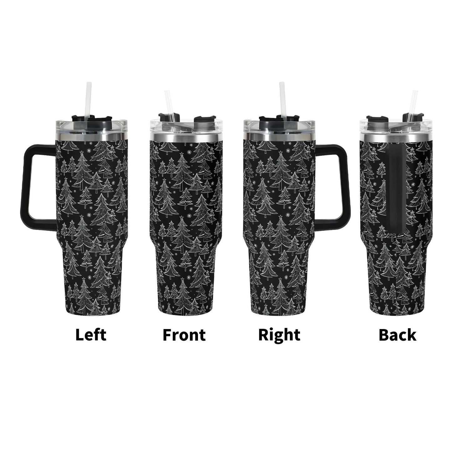 Black and White Christmas Tree 40oz Stainless Steel Tumbler Gift With Black Handle and Straw