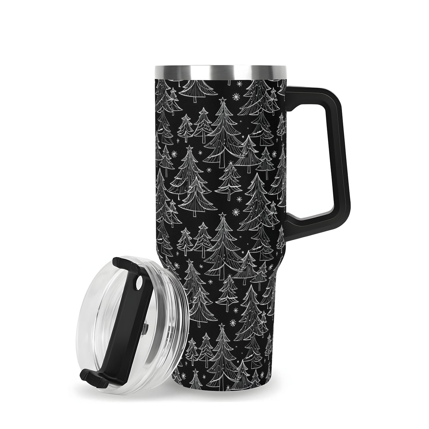 Black and White Christmas Tree 40oz Stainless Steel Tumbler Gift With Black Handle and Straw