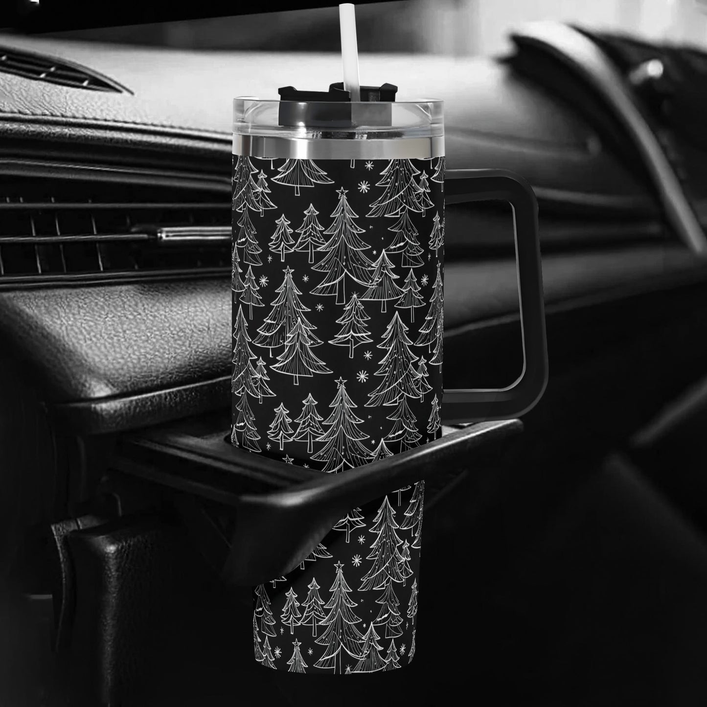 Black and White Christmas Tree 40oz Stainless Steel Tumbler Gift With Black Handle and Straw