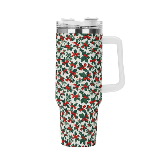 Holly Bow 40oz Stainless Steel Tumbler Gift With White Handle and Straw