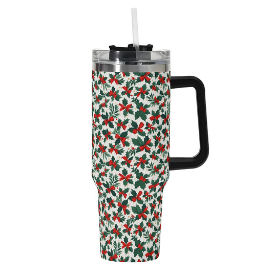 Holly Bow 40oz Stainless Steel Tumbler Gift With Black Handle and Straw