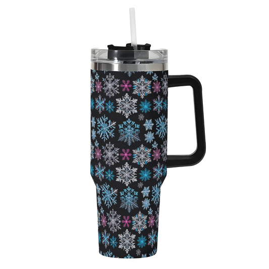 Party Snowflake 40oz Stainless Steel Tumbler Gift With Black Handle and Straw