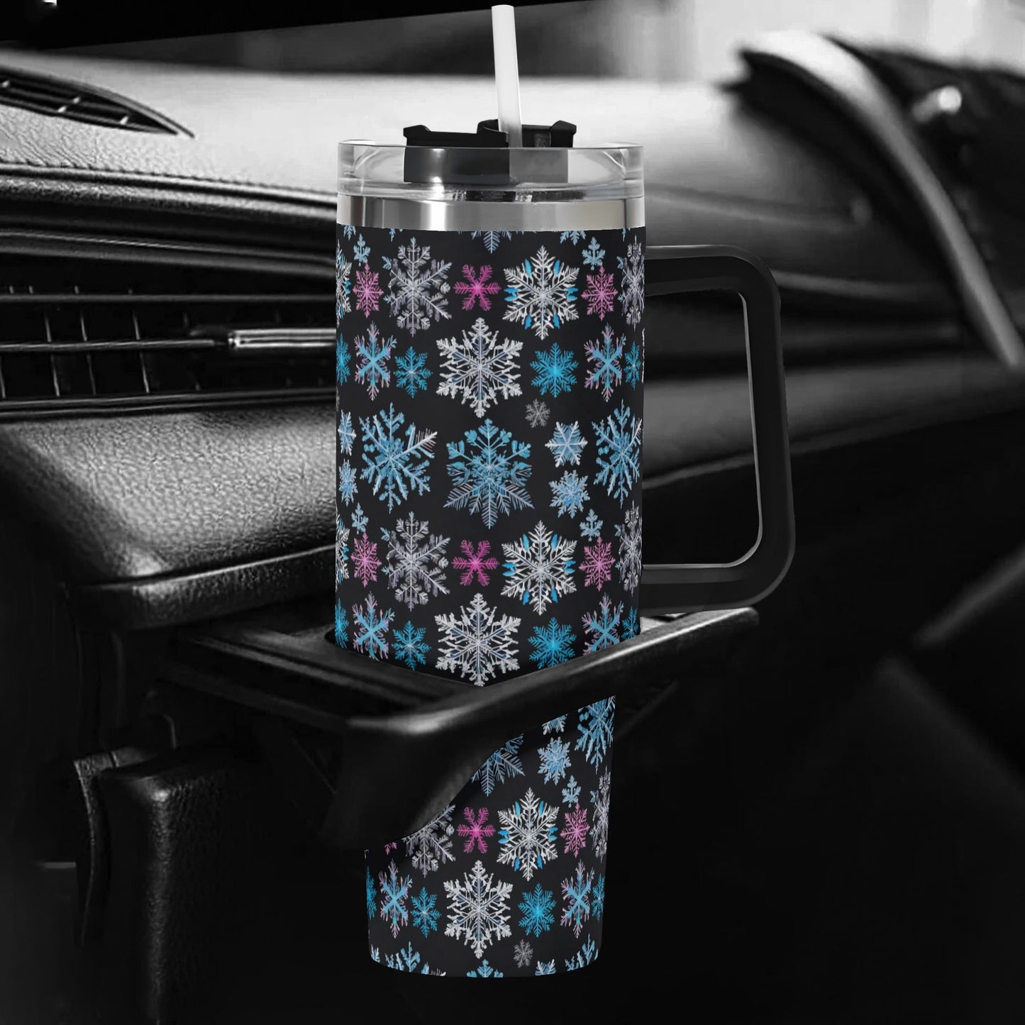 Party Snowflake 40oz Stainless Steel Tumbler Gift With Black Handle and Straw