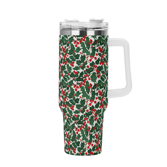 Christmas Holly 40oz Stainless Steel Tumbler Gift With White Handle and Straw