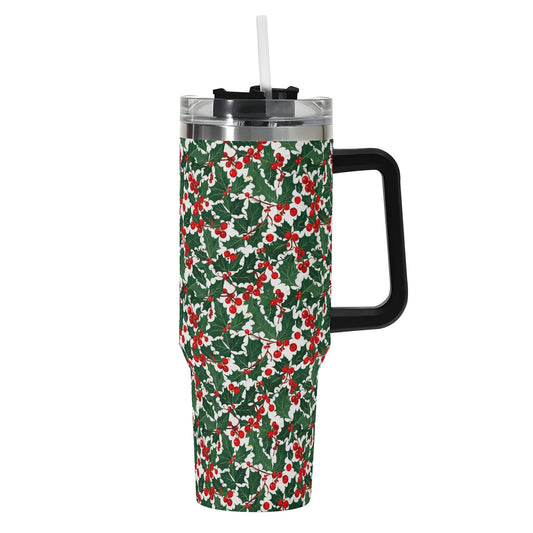 Christmas Holly 40oz Stainless Steel Tumbler Gift With Black Handle and Straw