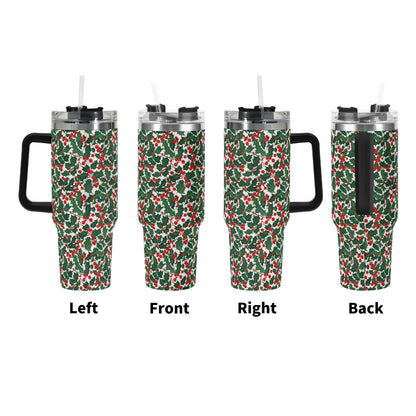 Christmas Holly 40oz Stainless Steel Tumbler Gift With Black Handle and Straw