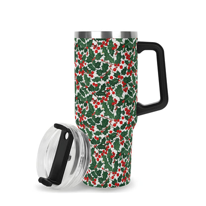 Christmas Holly 40oz Stainless Steel Tumbler Gift With Black Handle and Straw