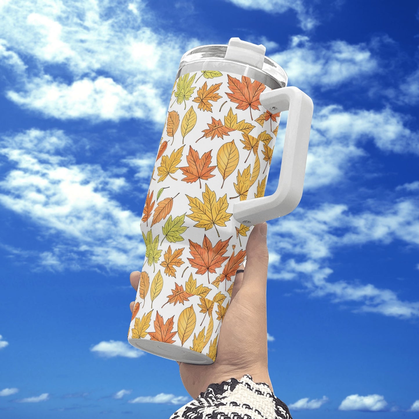 Autumn 40oz Stainless Steel Tumbler Gift With White Handle and Straw