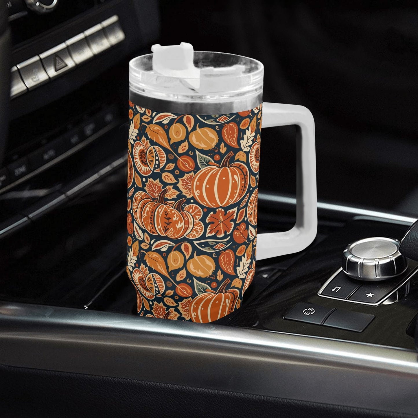 Pumpkin Leaves 40oz Stainless Steel Tumbler Gift With White Handle and Straw