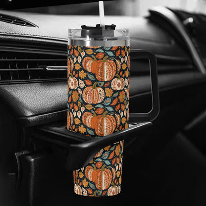 Pumpkin Fall 40oz Stainless Steel Tumbler Gift With Black Handle and Straw