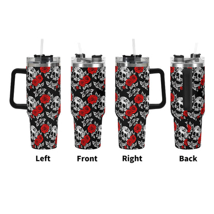 Red Skull Rose 40oz Stainless Steel Tumbler Gift With Black Handle and Straw