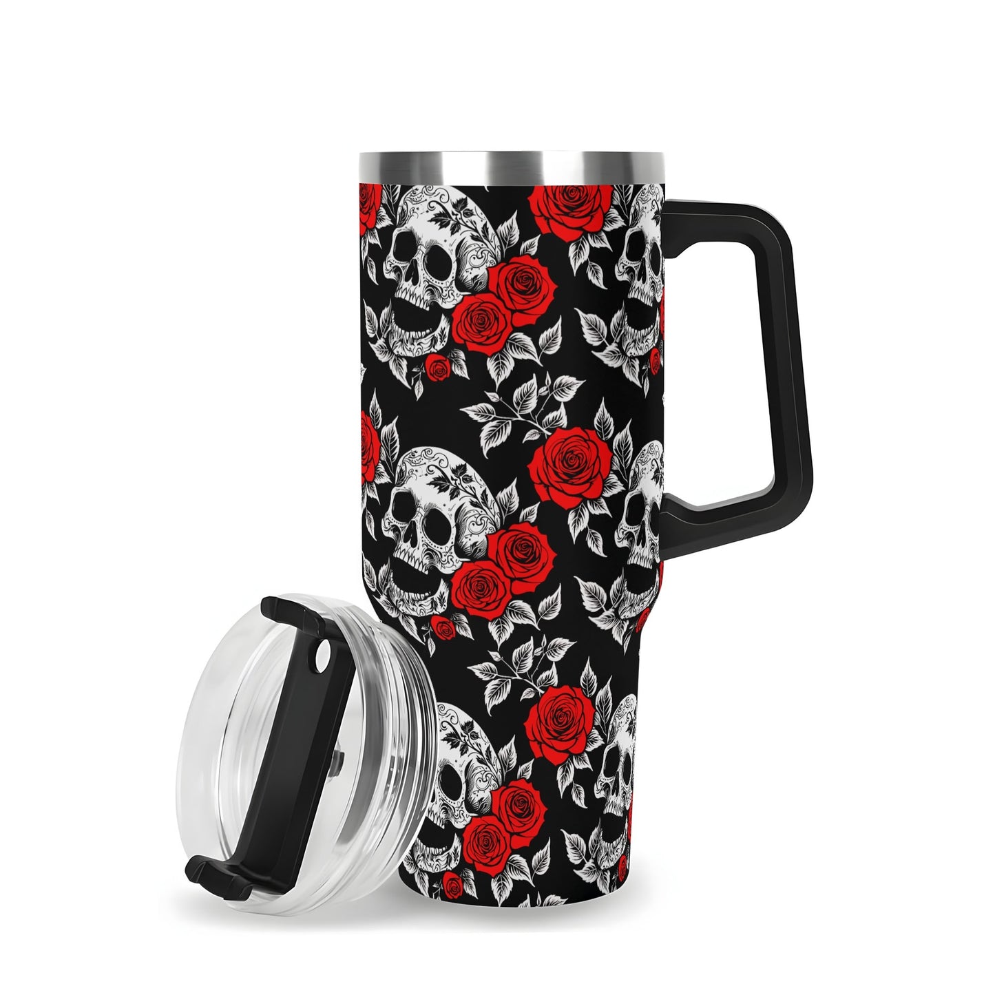 Red Skull Rose 40oz Stainless Steel Tumbler Gift With Black Handle and Straw