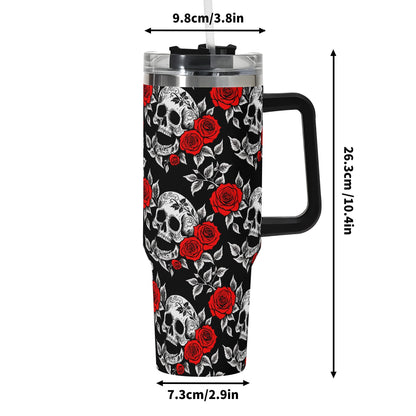 Red Skull Rose 40oz Stainless Steel Tumbler Gift With Black Handle and Straw