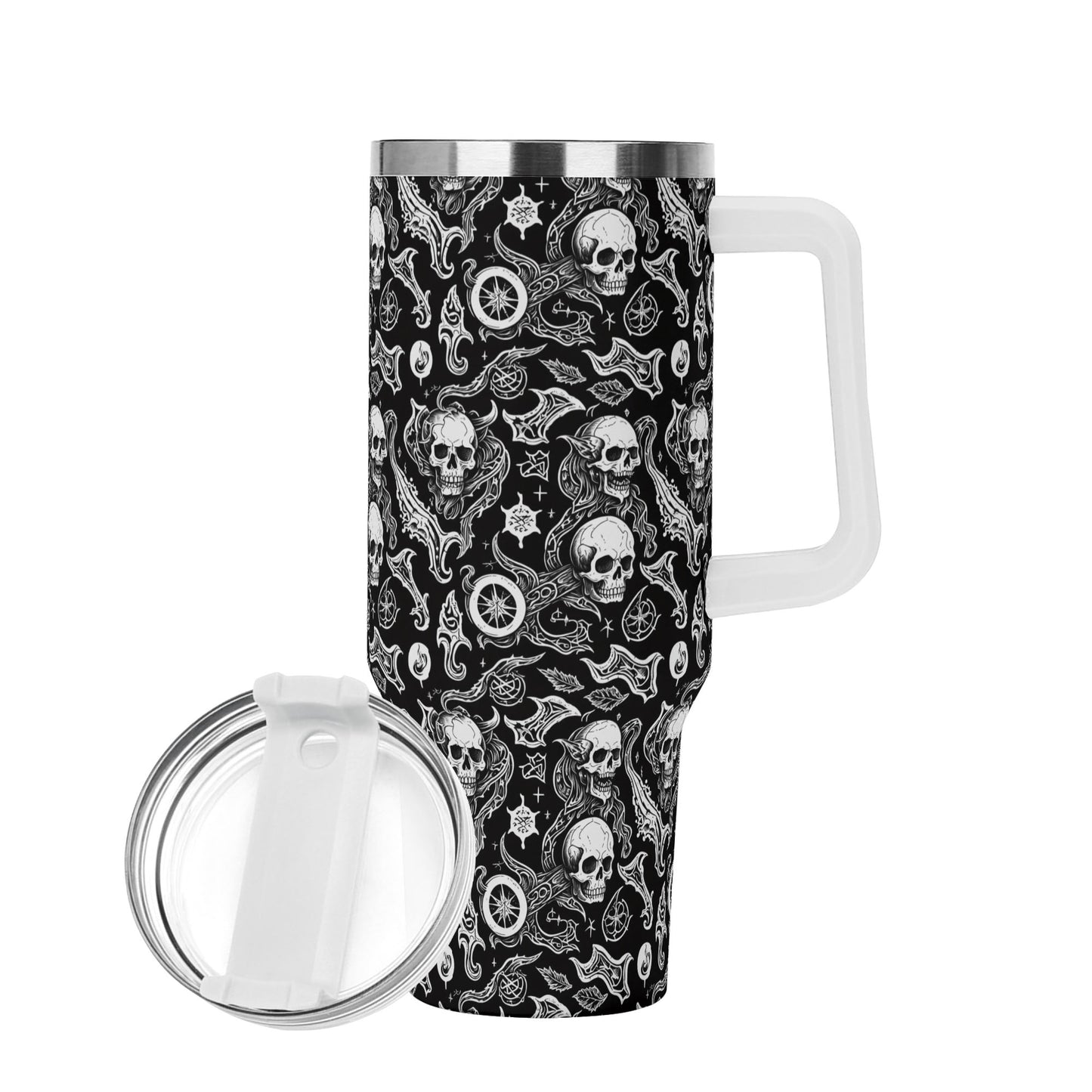 Flying Skulls 40oz Stainless Steel Tumbler Gift With White Handle and Straw