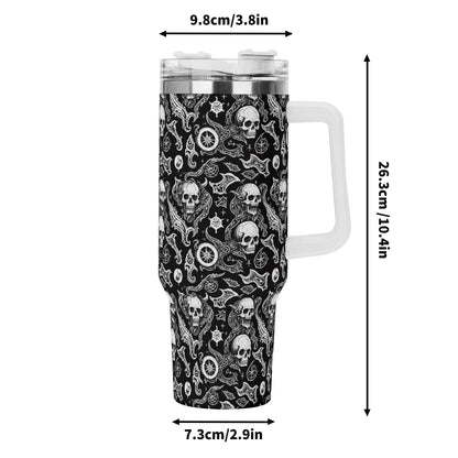 Flying Skulls 40oz Stainless Steel Tumbler Gift With White Handle and Straw