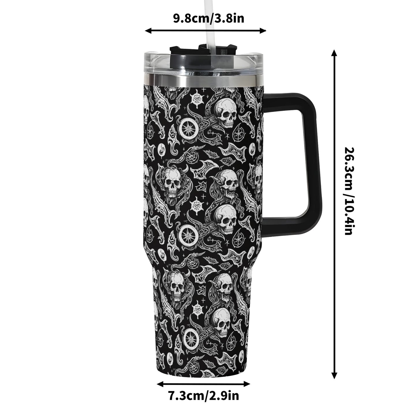 Flying Skulls 40oz Stainless Steel Tumbler Gift With Black Handle and Straw