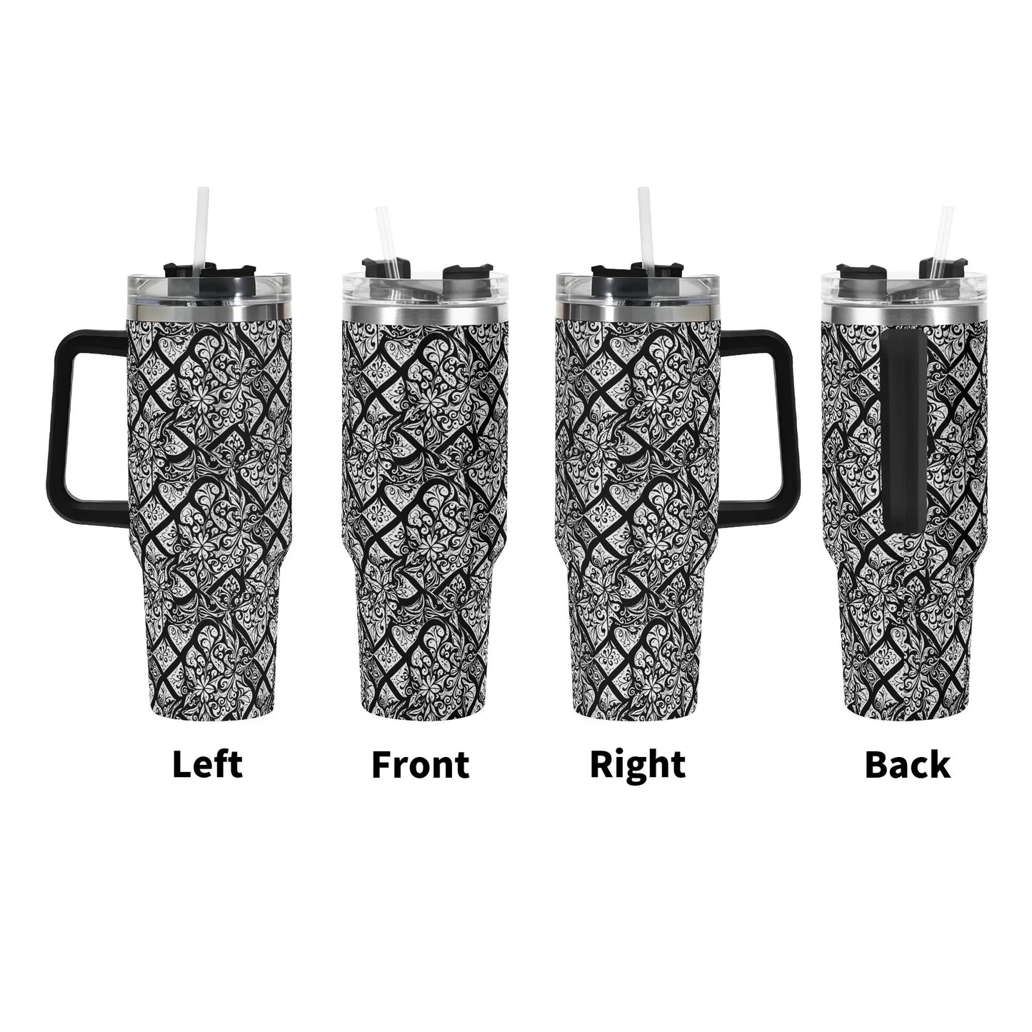 Crosshatch Black Floral 40oz Stainless Steel Tumbler Gift With Black Handle and Straw