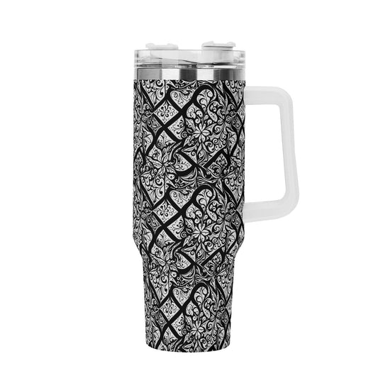 Crosshatch Black Floral 40oz Stainless Steel Tumbler Gift With White Handle and Straw