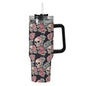 Skull and Pink Rose 40oz Stainless Steel Tumbler Gift With Black Handle and Straw