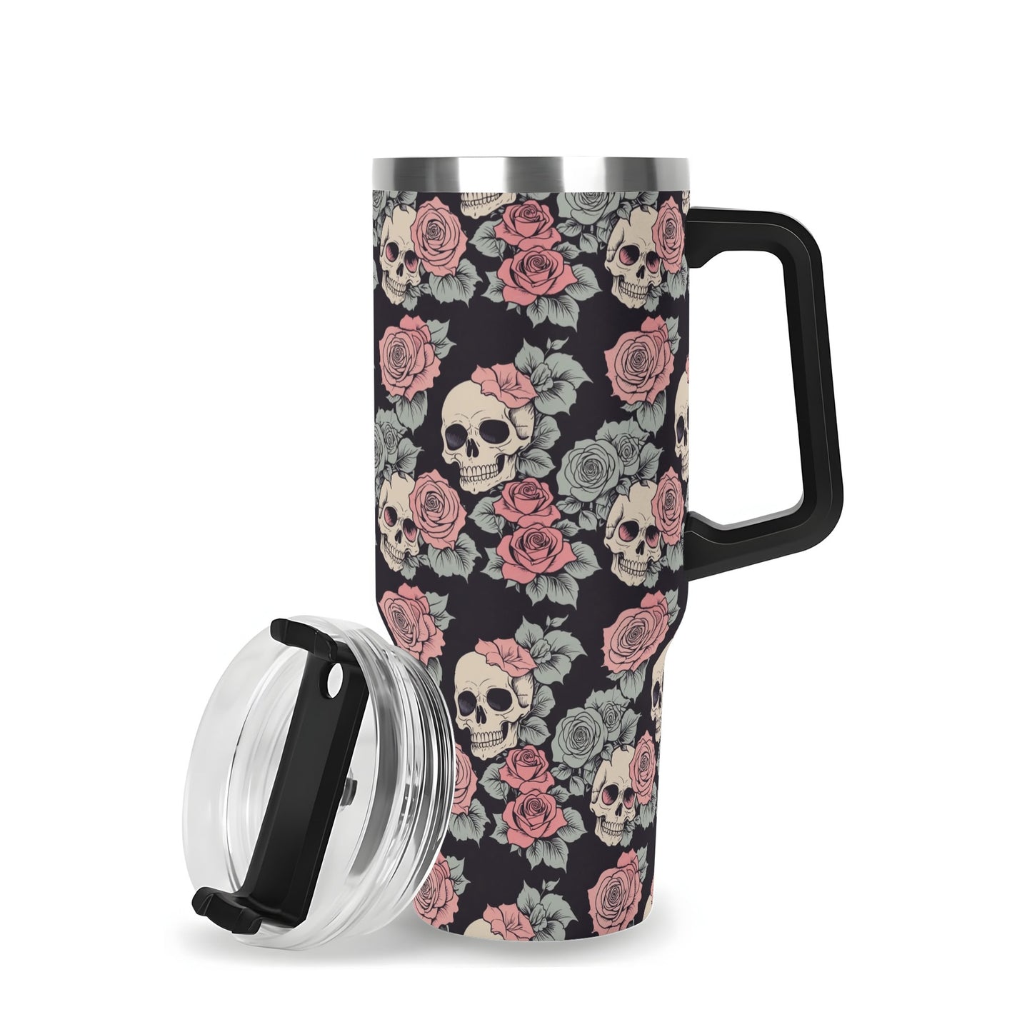 Skull and Pink Rose 40oz Stainless Steel Tumbler Gift With Black Handle and Straw