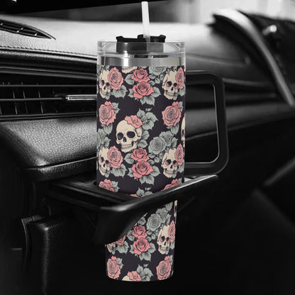 Skull and Pink Rose 40oz Stainless Steel Tumbler Gift With Black Handle and Straw