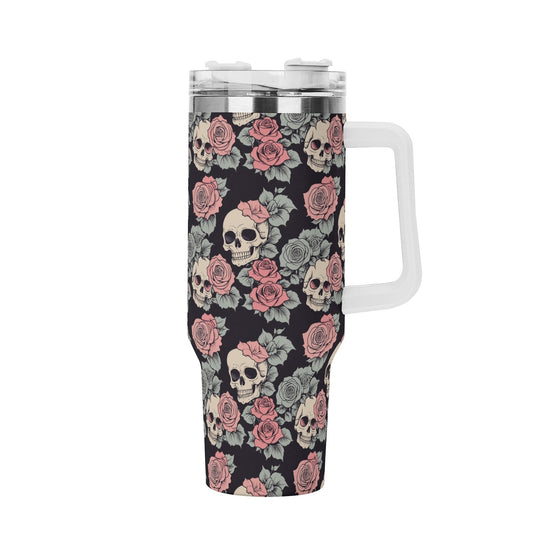 Skull and Pink Rose 40oz Stainless Steel Tumbler Gift With White Handle and Straw